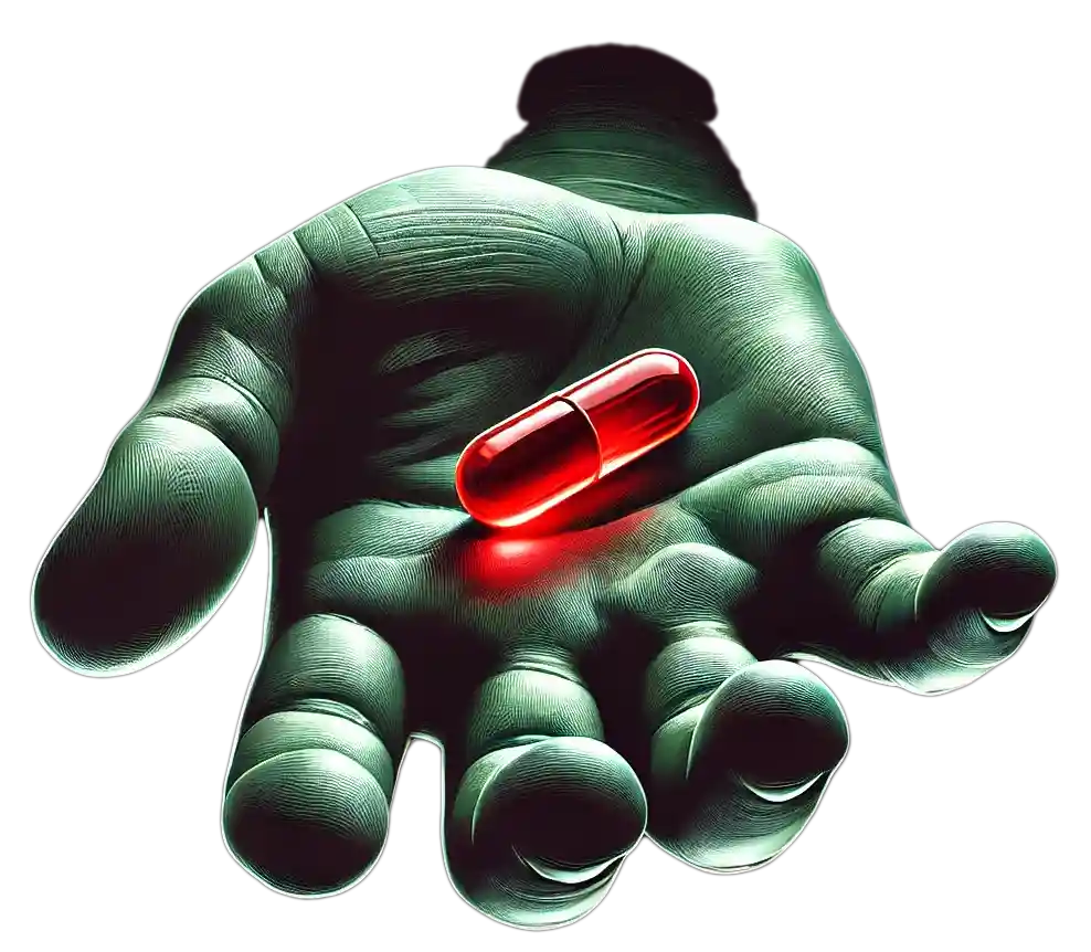 a hand holding a red pill