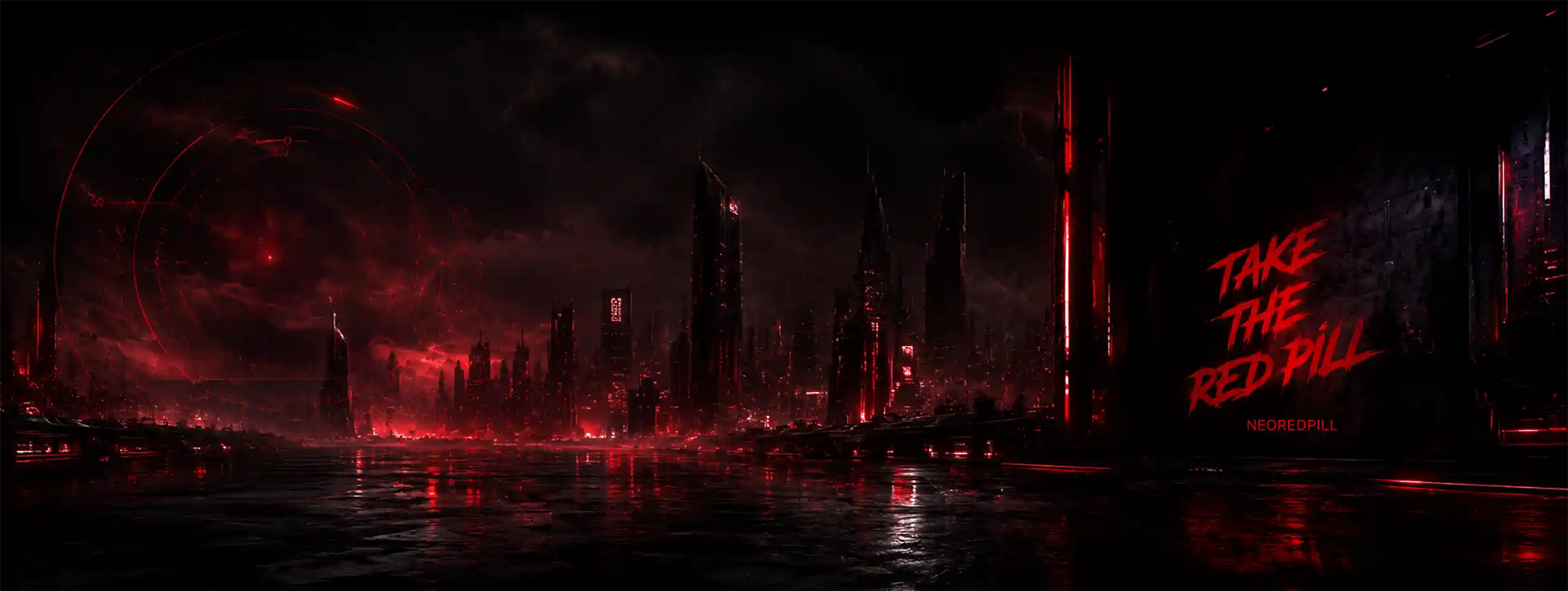 Dark cyberpunk NeoRedPill city background with red neon lights and futuristic atmosphere for NeoRider hero banner