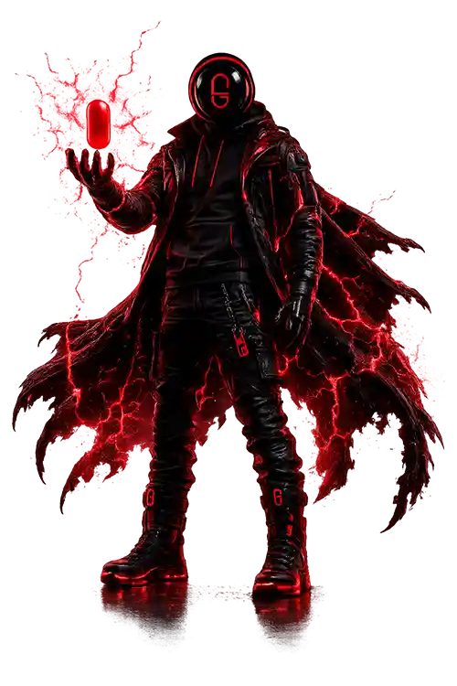 NeoRider cyberpunk character with glowing red pill and futuristic NeoRedPill design on transparent background